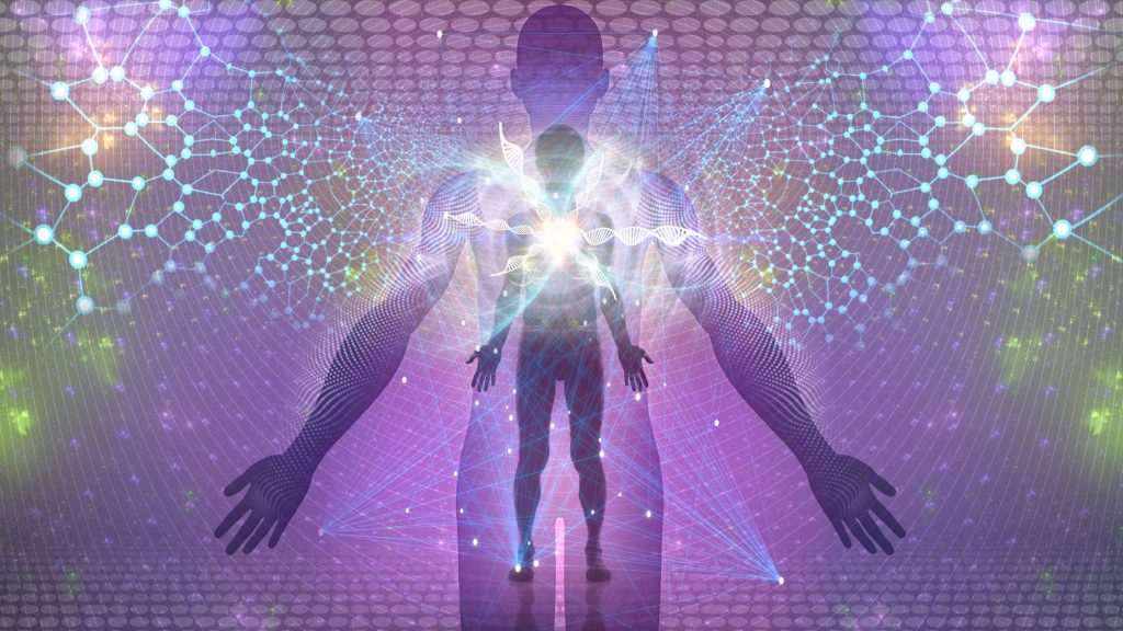 Visualisasi konsep aura dalam Human Design yang menggambarkan medan energi tak terlihat di sekitar tubuh, memengaruhi interaksi dan dinamika antar manusia.