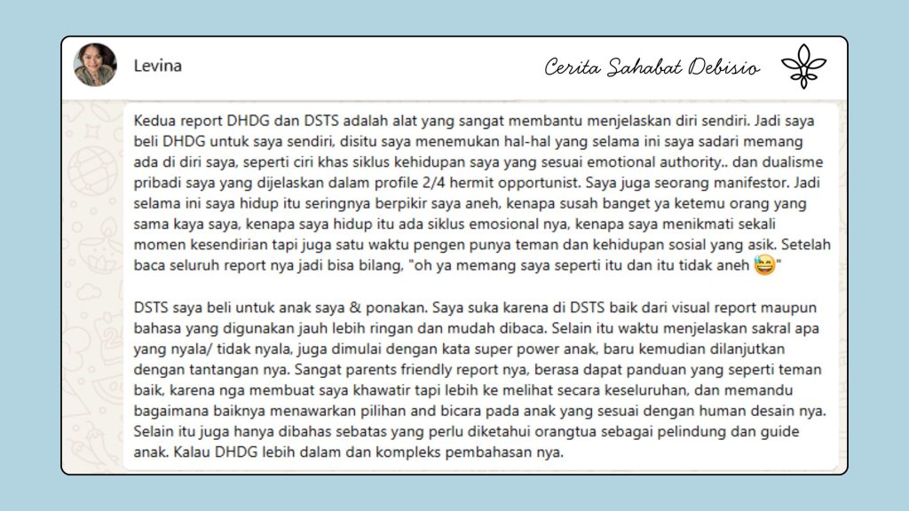 Ilustrasi wajah bahagia dan tenang, serta testimoni dari berbagai individu setelah menjalani sesi Human Design reading dari Debisio, mencerminkan transformasi dan kedamaian batin.