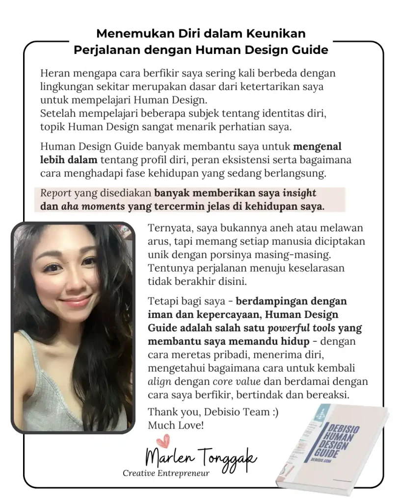 Testimoni Marlen Tonggak tentang Human Design Guide Debisio