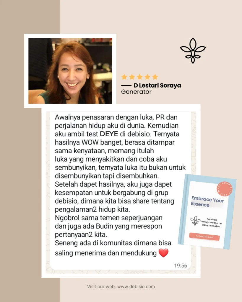 Testimoni Dewi Lestari tentang report luka batin Debisio Embrace Your Essence Debisio